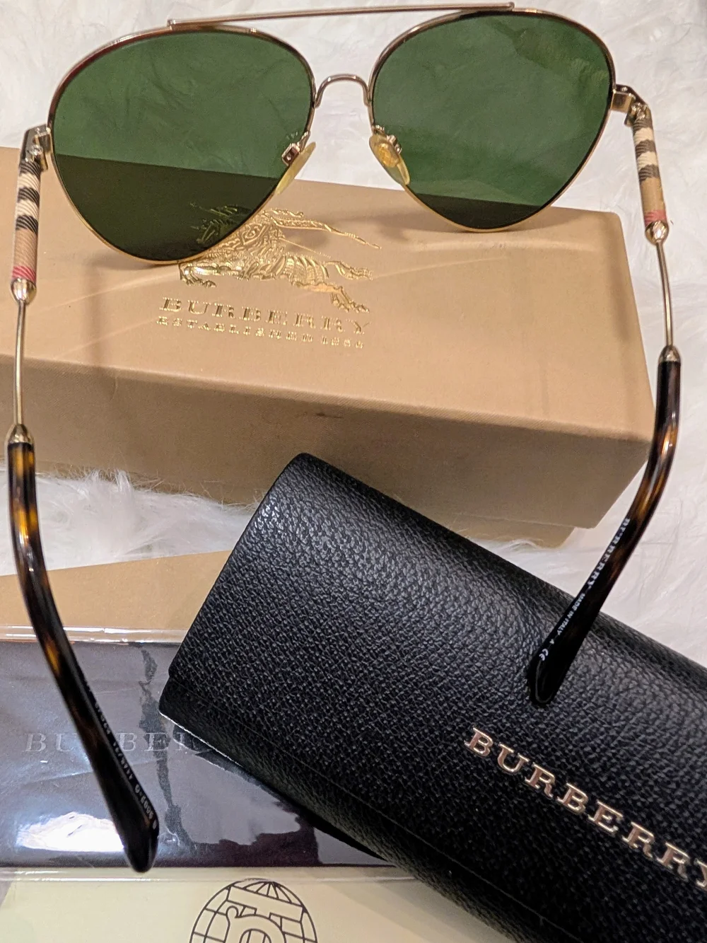 Burberry Gold Frame Black Lens Aviator Sunglasses with Black Case